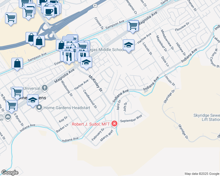 map of restaurants, bars, coffee shops, grocery stores, and more near 3549 Windstorm Way in Riverside