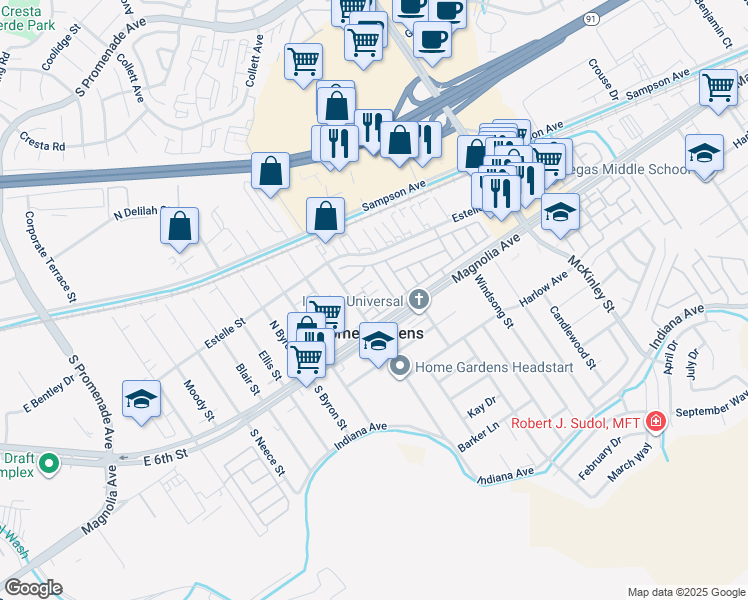 map of restaurants, bars, coffee shops, grocery stores, and more near 3827 Grant Street in Corona
