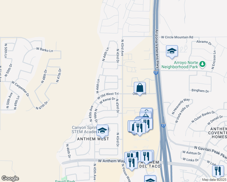 map of restaurants, bars, coffee shops, grocery stores, and more near 43504 North 43rd Drive in Phoenix