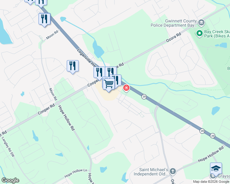 map of restaurants, bars, coffee shops, grocery stores, and more near 2715 Loganville Highway Southwest in Loganville