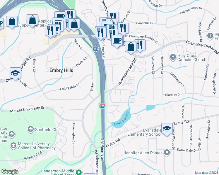 map of restaurants, bars, coffee shops, grocery stores, and more near in DeKalb County
