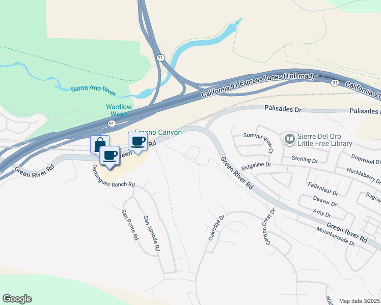 map of restaurants, bars, coffee shops, grocery stores, and more near 975 Manor Way in Corona