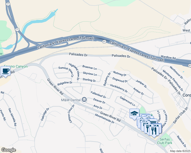 map of restaurants, bars, coffee shops, grocery stores, and more near 3284 Skyview Lane in Corona