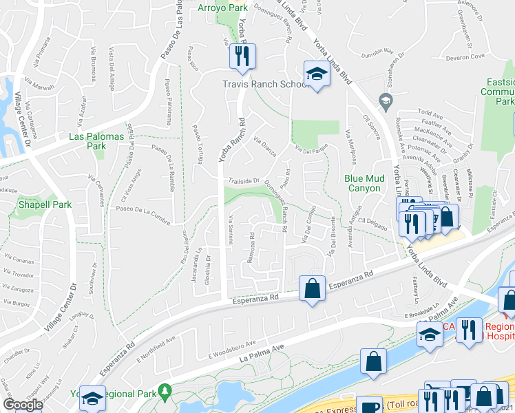 map of restaurants, bars, coffee shops, grocery stores, and more near 21118 Vía Portola in Yorba Linda