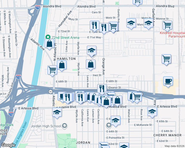 map of restaurants, bars, coffee shops, grocery stores, and more near 6846 Lemon Avenue in Long Beach