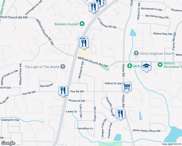 map of restaurants, bars, coffee shops, grocery stores, and more near 1088 Travis Street Southwest in Marietta