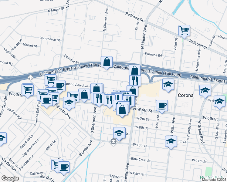 map of restaurants, bars, coffee shops, grocery stores, and more near 1214 E Street in Corona