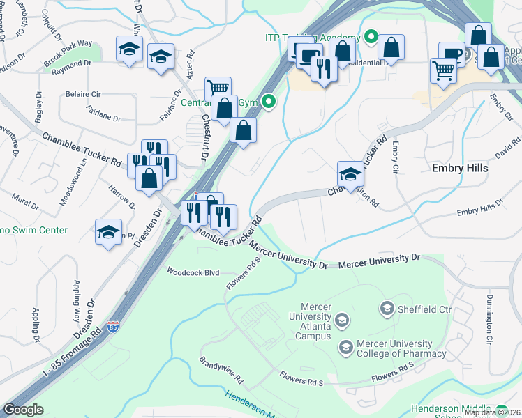 map of restaurants, bars, coffee shops, grocery stores, and more near 3028 Chamblee Tucker Road in Chamblee