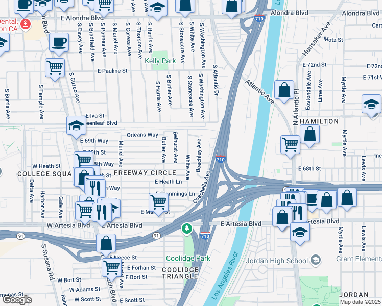 map of restaurants, bars, coffee shops, grocery stores, and more near 6874 White Avenue in Long Beach