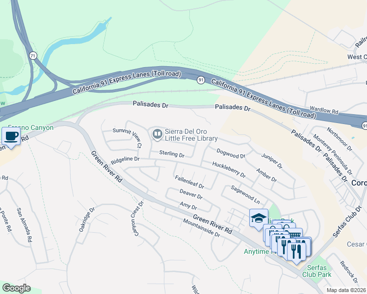 map of restaurants, bars, coffee shops, grocery stores, and more near 3271 Sterling Drive in Corona