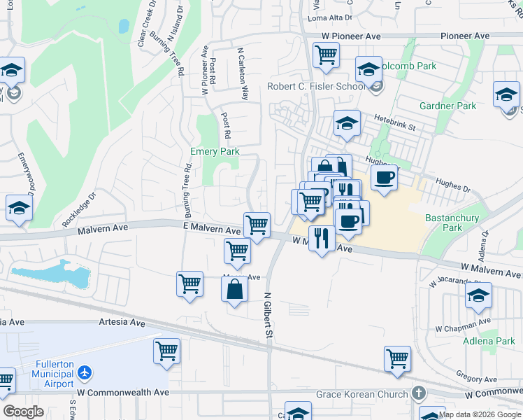 map of restaurants, bars, coffee shops, grocery stores, and more near 2420 Ramada Plaza in Fullerton