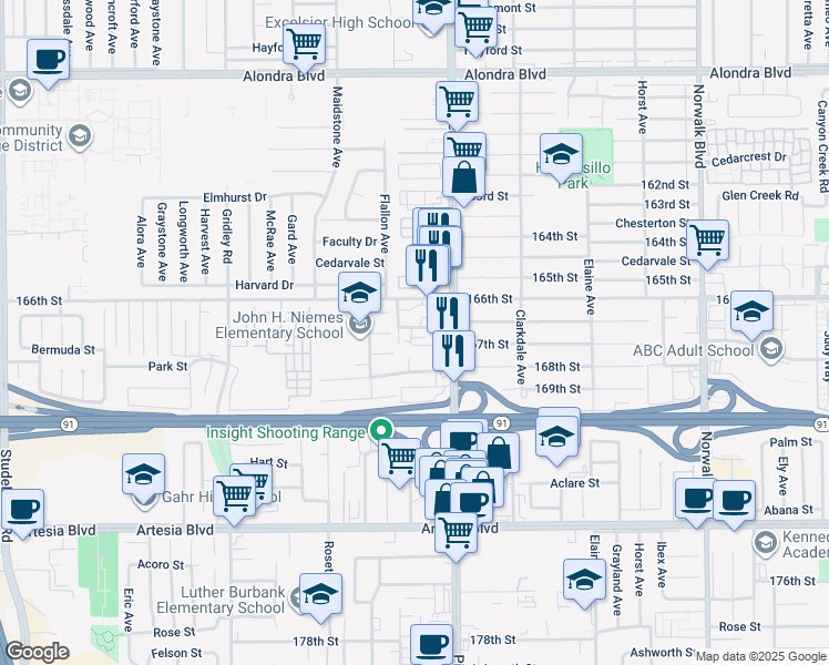 map of restaurants, bars, coffee shops, grocery stores, and more near 11662 Arkansas Street in Artesia