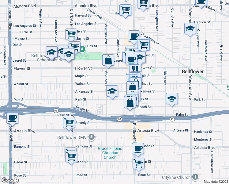 map of restaurants, bars, coffee shops, grocery stores, and more near 9632 Arkansas Street in Bellflower