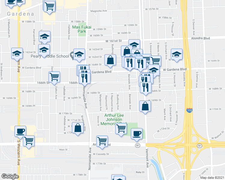 map of restaurants, bars, coffee shops, grocery stores, and more near 1221 West 168th Street in Gardena
