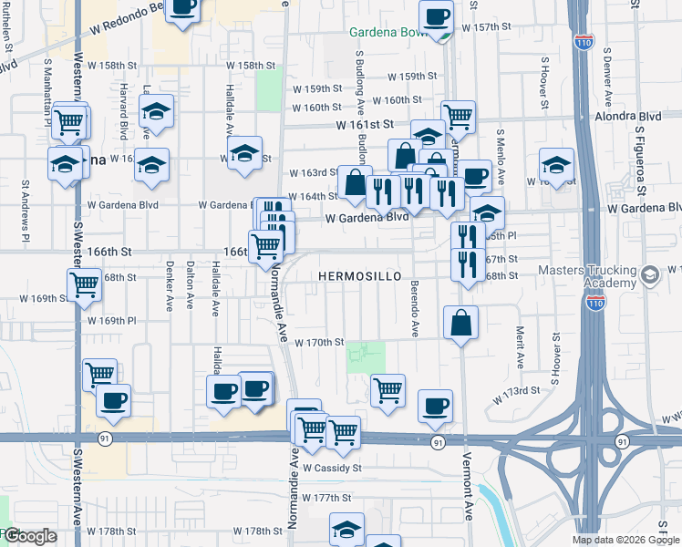 map of restaurants, bars, coffee shops, grocery stores, and more near 1303 West 168th Street in Gardena