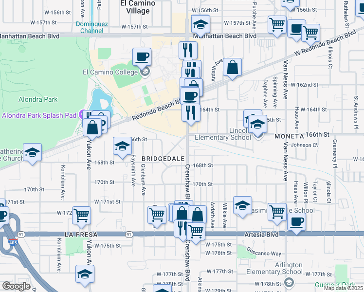 map of restaurants, bars, coffee shops, grocery stores, and more near 16645 Crenshaw Boulevard in Torrance