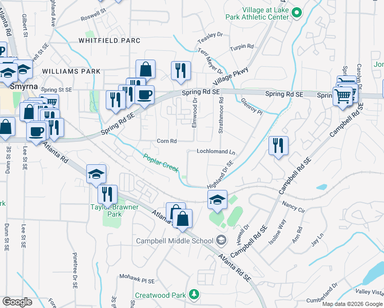 map of restaurants, bars, coffee shops, grocery stores, and more near 1836 Lochlomand Lane in Smyrna