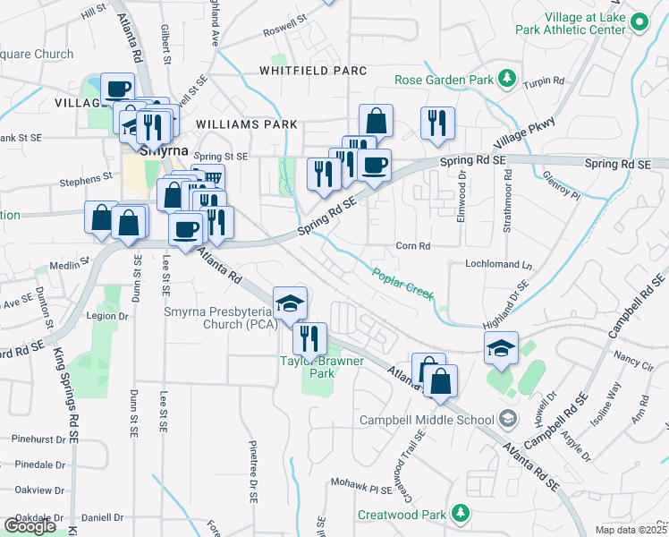 map of restaurants, bars, coffee shops, grocery stores, and more near 1614 Mosaic Way in Smyrna