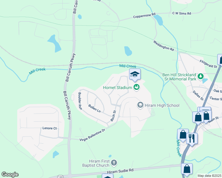 map of restaurants, bars, coffee shops, grocery stores, and more near 458 Baywood Way in Hiram