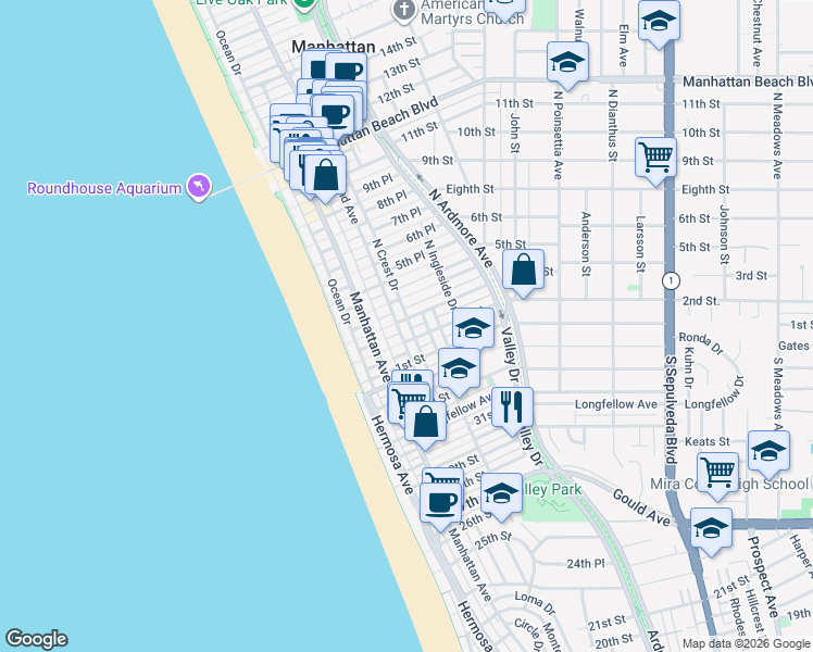 map of restaurants, bars, coffee shops, grocery stores, and more near 217 Crest Drive in Manhattan Beach
