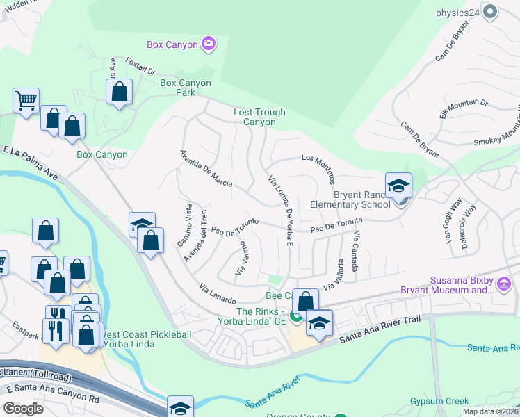 map of restaurants, bars, coffee shops, grocery stores, and more near 24550 Avenida De Marcia in Yorba Linda