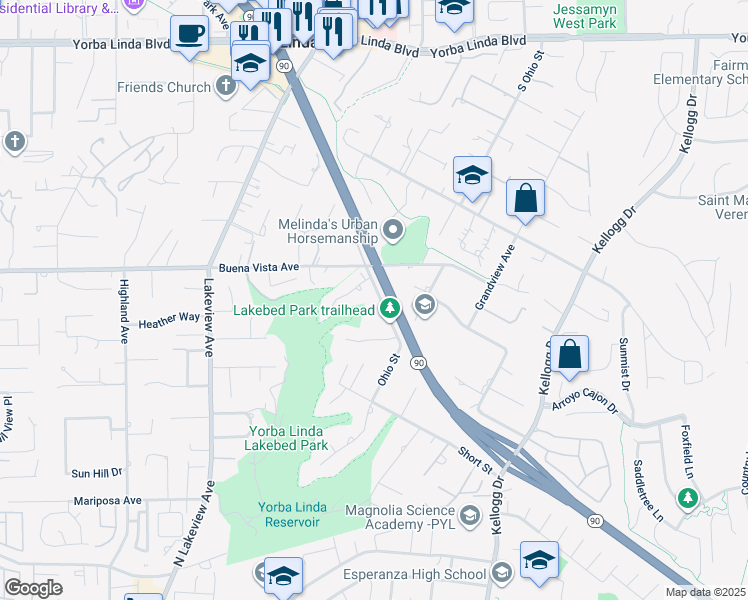 map of restaurants, bars, coffee shops, grocery stores, and more near 5535 Scenic View Drive in Yorba Linda