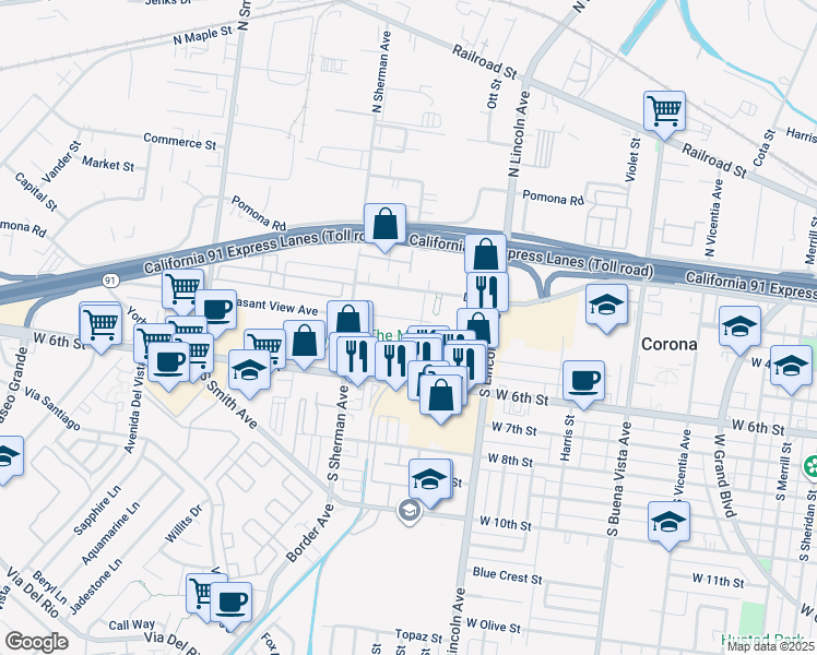 map of restaurants, bars, coffee shops, grocery stores, and more near 1214 E Street in Corona