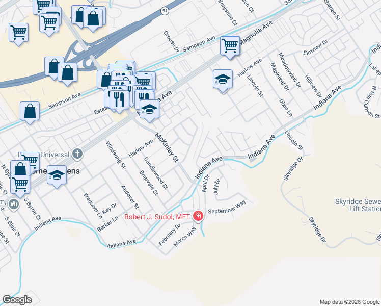 map of restaurants, bars, coffee shops, grocery stores, and more near 3549 Windstorm Way in Riverside