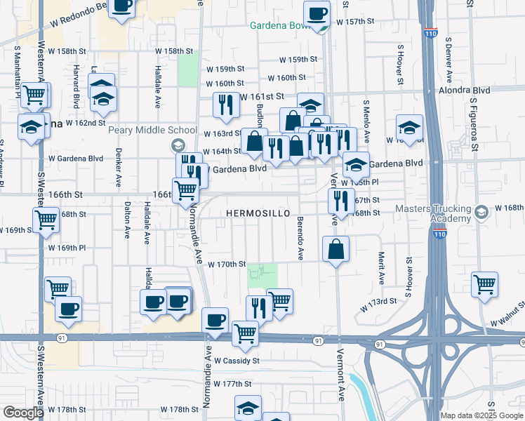 map of restaurants, bars, coffee shops, grocery stores, and more near 1217 West 168th Street in Gardena