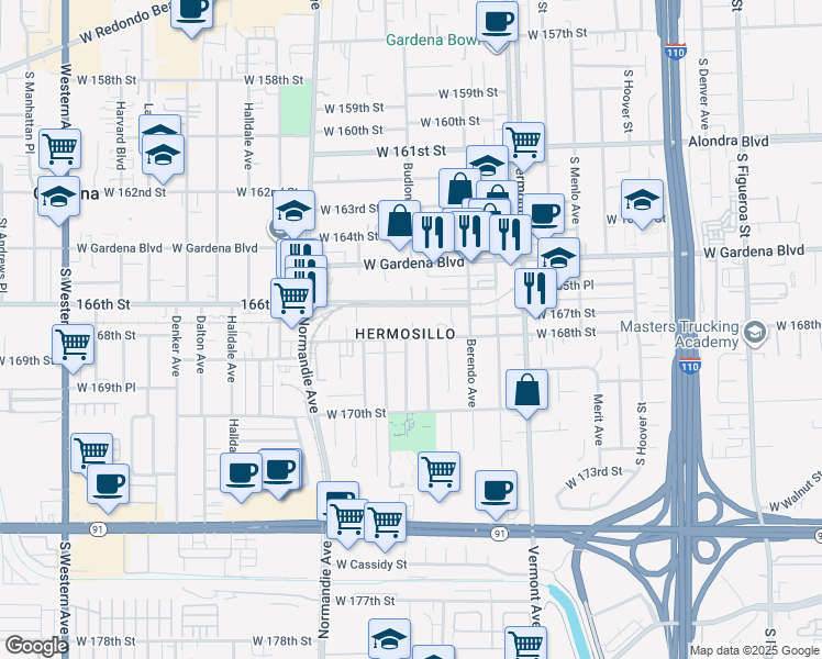 map of restaurants, bars, coffee shops, grocery stores, and more near 1217 West 168th Street in Gardena