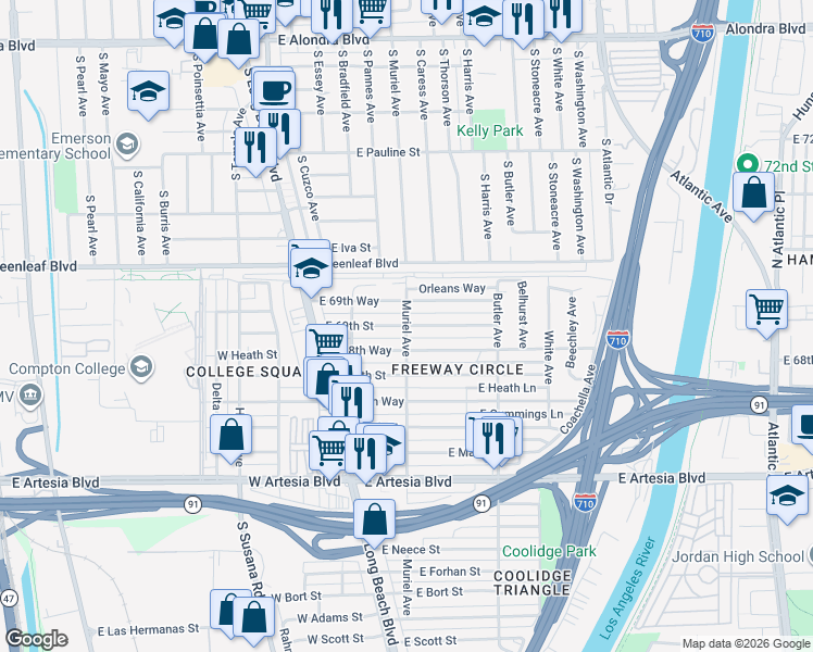 map of restaurants, bars, coffee shops, grocery stores, and more near East 69th Street in Long Beach