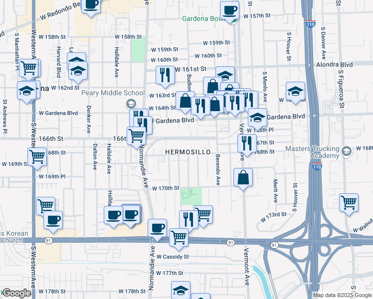 map of restaurants, bars, coffee shops, grocery stores, and more near 1225 West 168th Street in Gardena