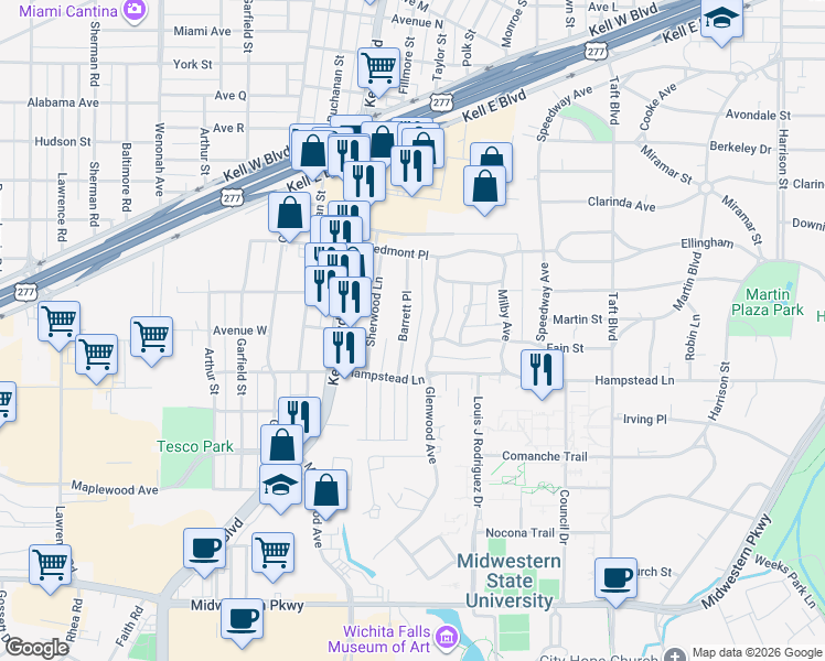 map of restaurants, bars, coffee shops, grocery stores, and more near 3228 Glenwood Avenue in Wichita Falls