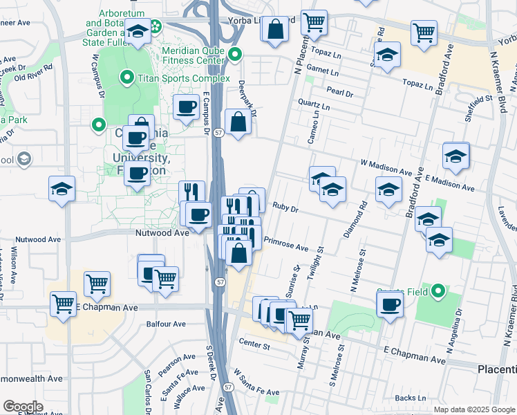 map of restaurants, bars, coffee shops, grocery stores, and more near 2970 Ruby Drive in Fullerton