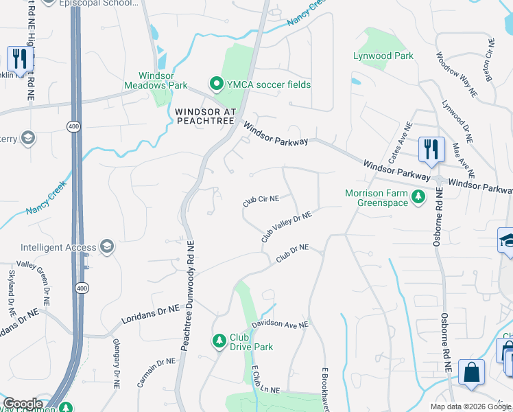 map of restaurants, bars, coffee shops, grocery stores, and more near 4543 Club Circle Northeast in Atlanta