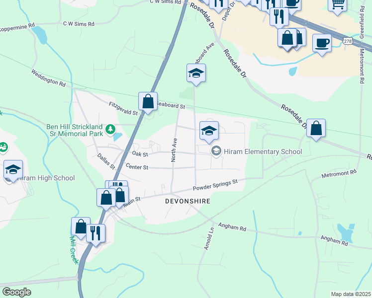 map of restaurants, bars, coffee shops, grocery stores, and more near 81 Oak Street in Hiram