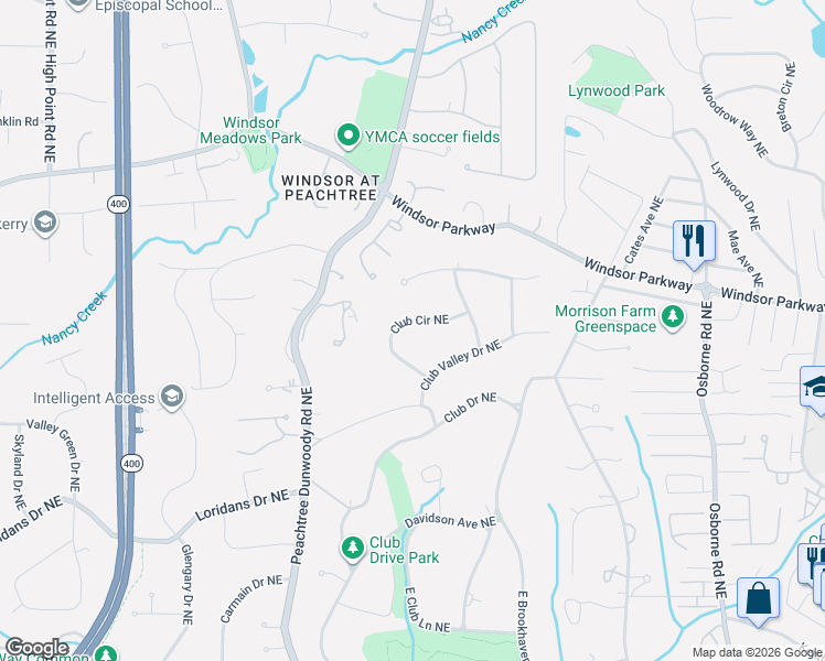 map of restaurants, bars, coffee shops, grocery stores, and more near 4543 Club Circle Northeast in Atlanta