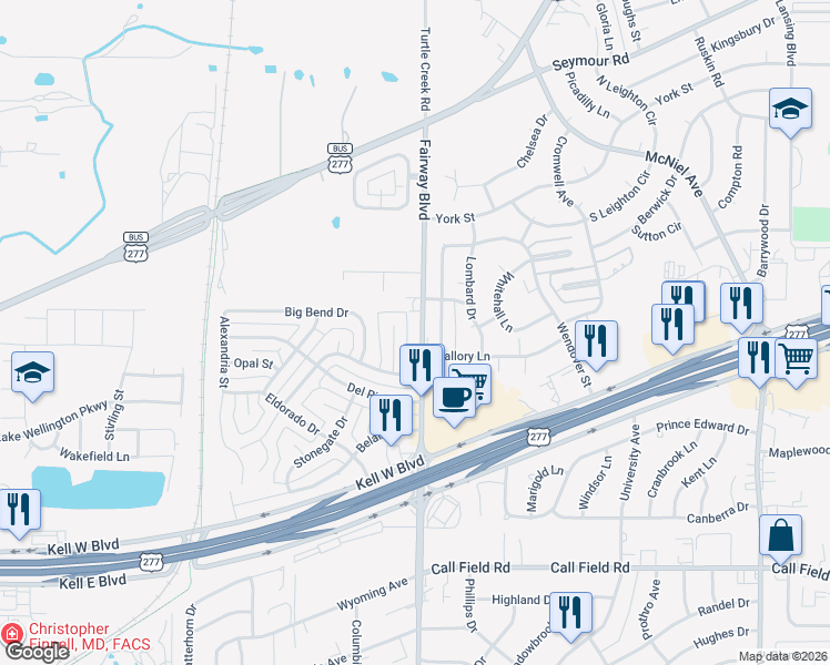 map of restaurants, bars, coffee shops, grocery stores, and more near 4616 Wendover Street in Wichita Falls