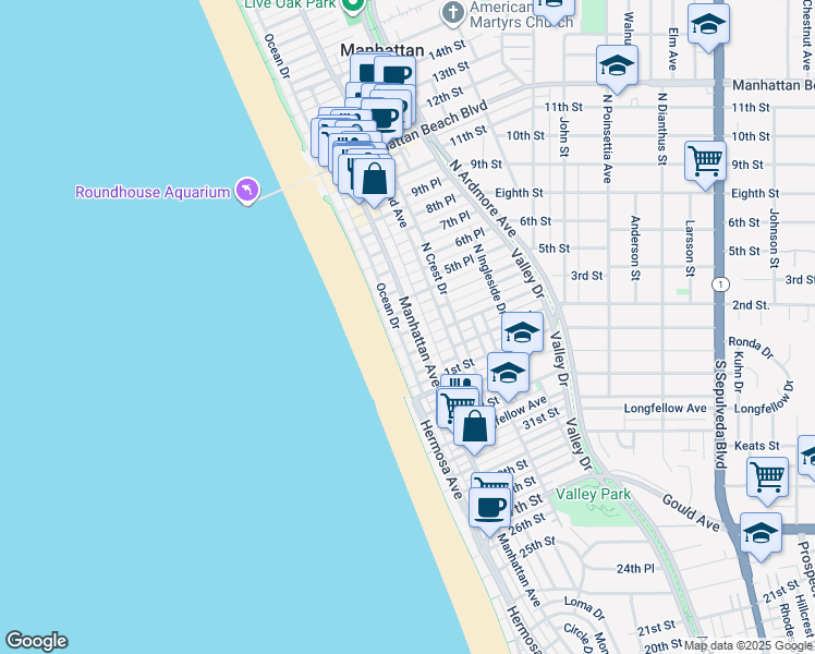 map of restaurants, bars, coffee shops, grocery stores, and more near 126 4th Street in Manhattan Beach