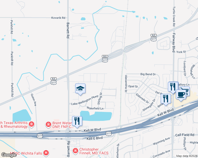 map of restaurants, bars, coffee shops, grocery stores, and more near 3406 Stirling Street in Wichita Falls
