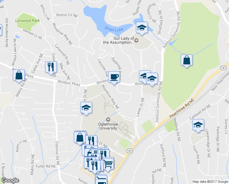 map of restaurants, bars, coffee shops, grocery stores, and more near 3107 Oglethorpe Way Northeast in Atlanta