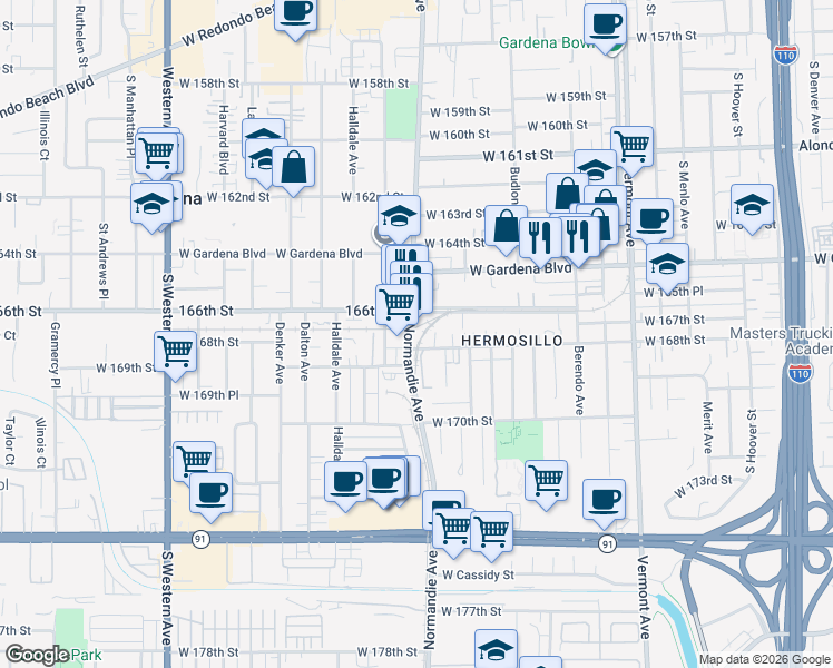 map of restaurants, bars, coffee shops, grocery stores, and more near 16616 Normandie Avenue in Gardena