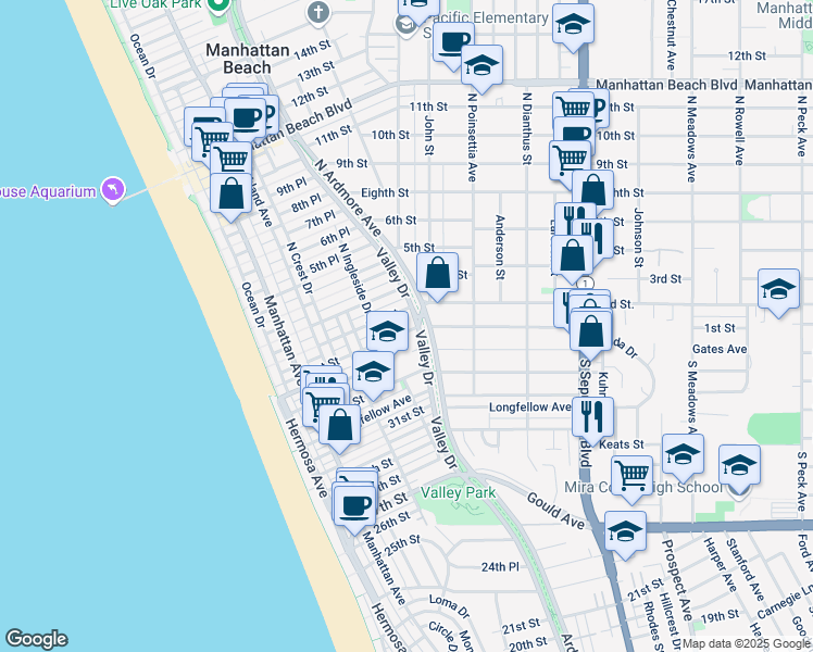 map of restaurants, bars, coffee shops, grocery stores, and more near 541 1st Street in Manhattan Beach