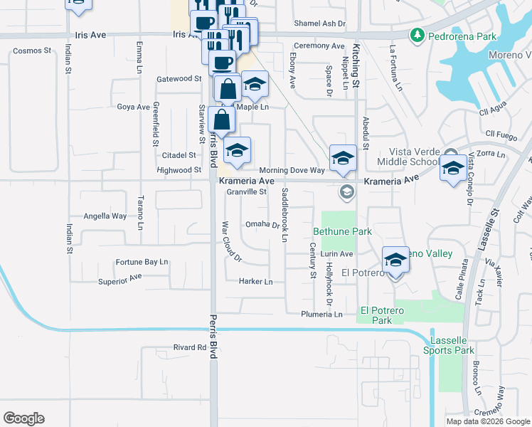 map of restaurants, bars, coffee shops, grocery stores, and more near 25152 Omaha Drive in Moreno Valley