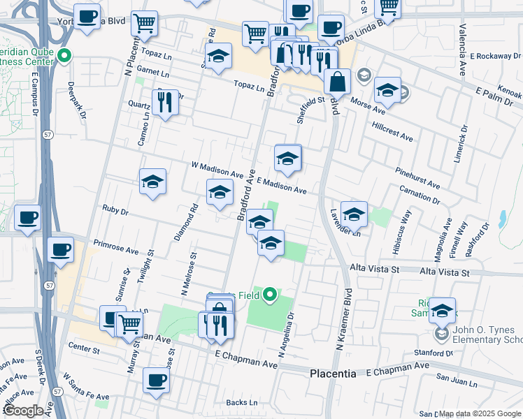 map of restaurants, bars, coffee shops, grocery stores, and more near 400 Bradford Avenue in Placentia