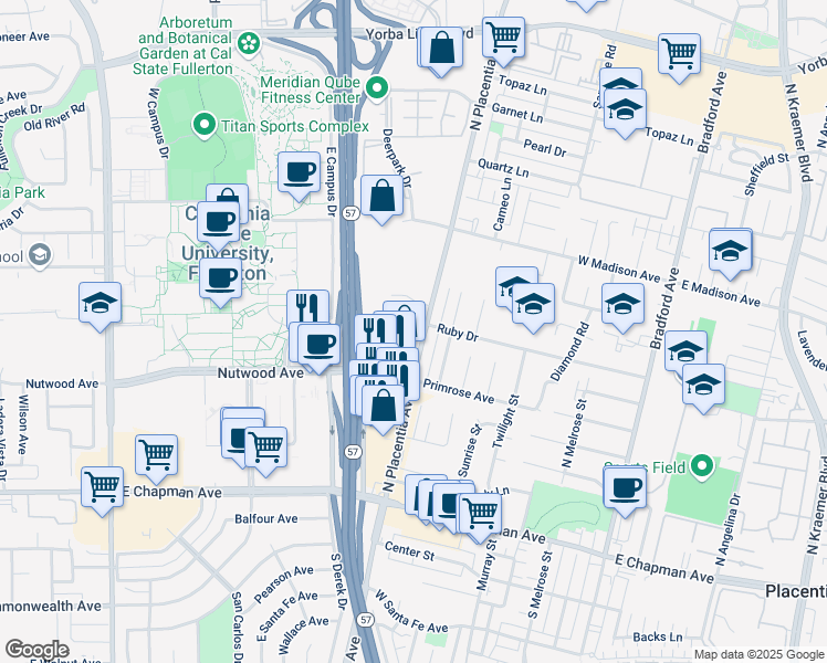 map of restaurants, bars, coffee shops, grocery stores, and more near 937 North Placentia Avenue in Fullerton