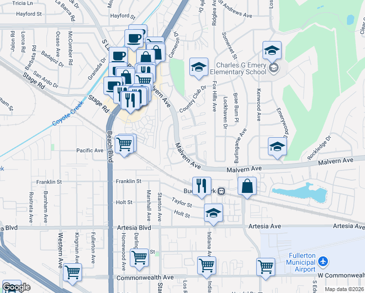 map of restaurants, bars, coffee shops, grocery stores, and more near 8187 Owens Street in Buena Park