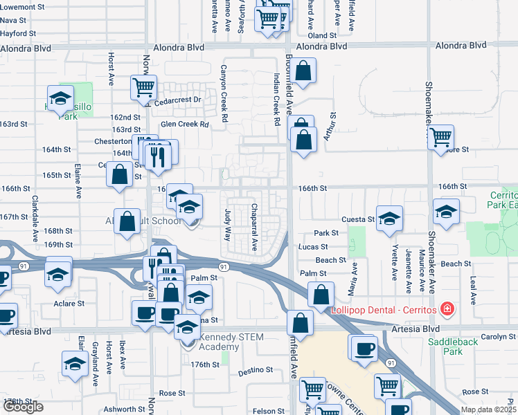 map of restaurants, bars, coffee shops, grocery stores, and more near 16717 Chaparral Avenue in Cerritos
