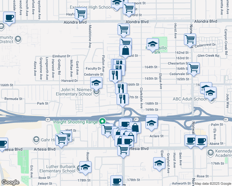map of restaurants, bars, coffee shops, grocery stores, and more near 16649 Pioneer Boulevard in Artesia