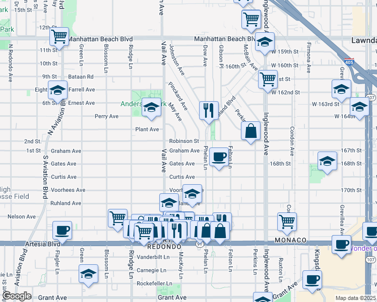 map of restaurants, bars, coffee shops, grocery stores, and more near 2406 Graham Avenue in Redondo Beach